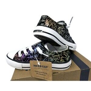 Weestep Kids Metallic Crackle Lines Black Lace Canvas Low Top Sneakers Size 10